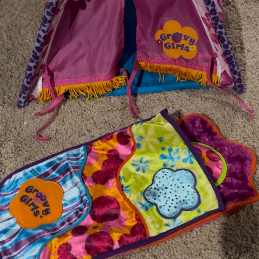 Vintage Groovy Girls camping tent and sleeping bag